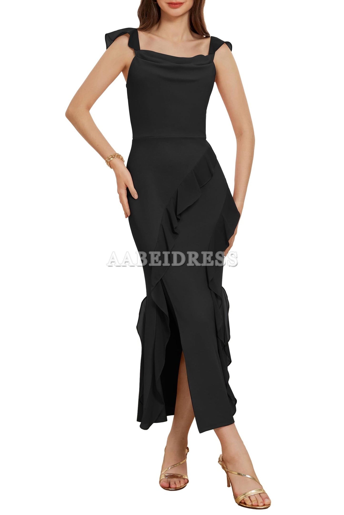 Prom Dress Cowl Neck Sleeveless Ruffled Fishtail Dress High Slit Bodycon Cocktail Party Maxi Dress Wedding Guest Dresses Formal Wear Dresses