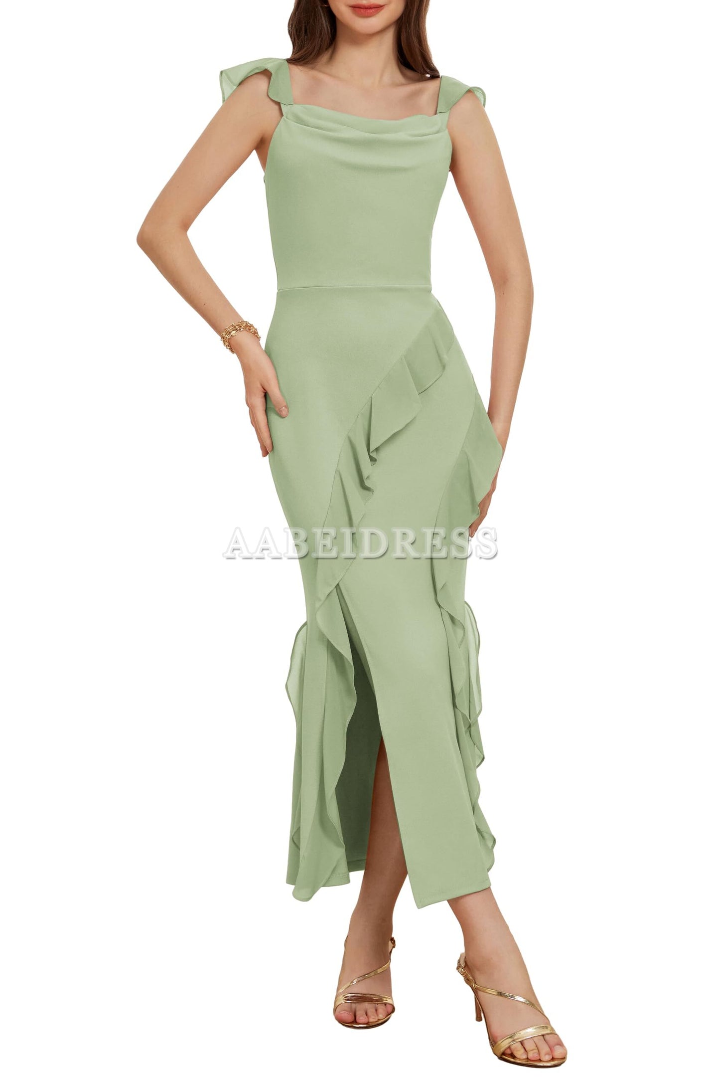 Prom Dress Cowl Neck Sleeveless Ruffled Fishtail Dress High Slit Bodycon Cocktail Party Maxi Dress Wedding Guest Dresses Formal Wear Dresses