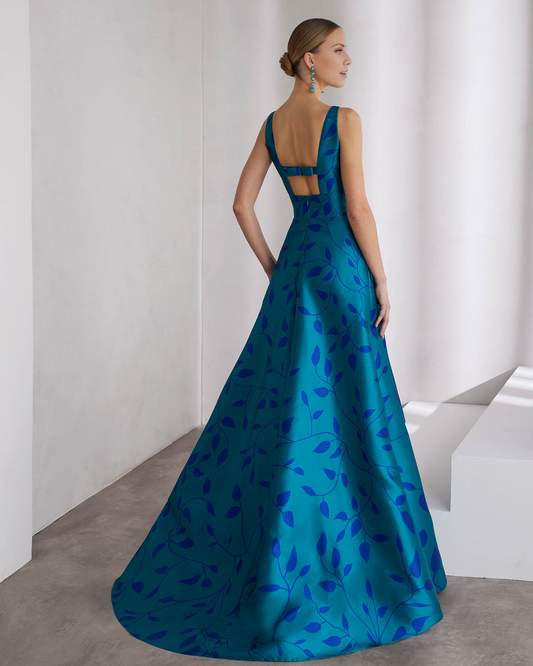 AABEI DRESS A Line Sleeveless Long Evening Dress Made in Satin Featuring Bateau Neckline Open Back Print Party Dress