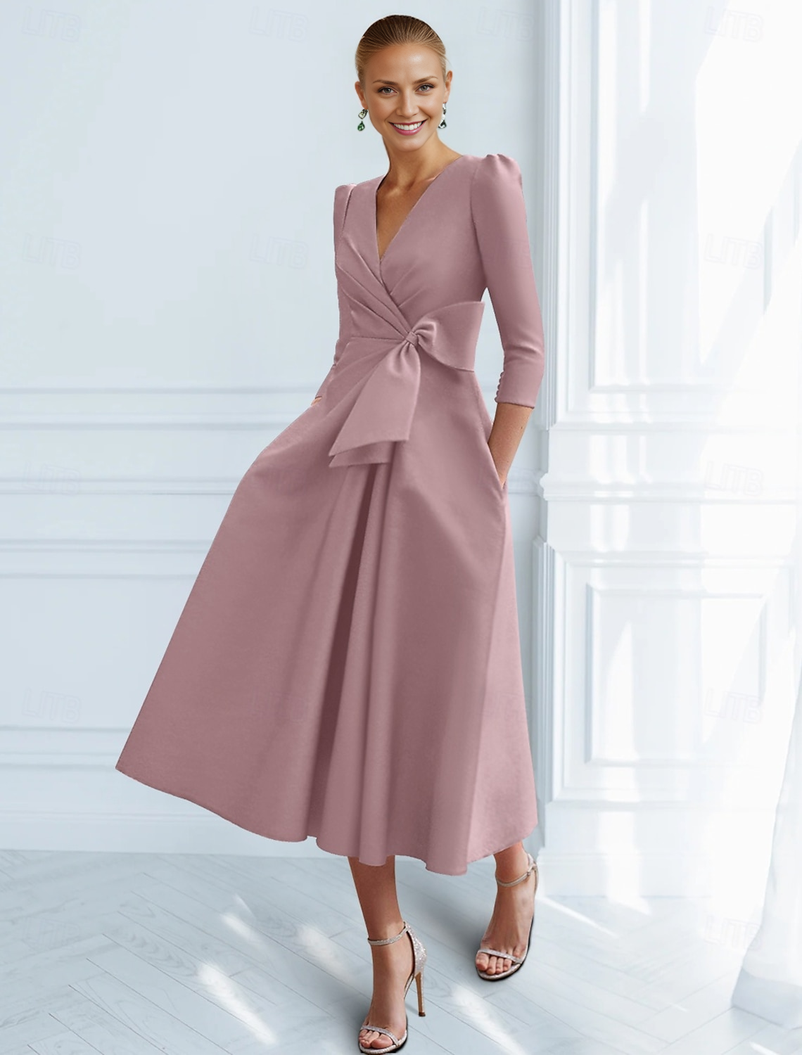 AABEI DRESS Wedding Guest Dress Elegant A-Line V Neck Ankle Length 3/4 Length Sleeve Fashion Mother of the Bride Dress