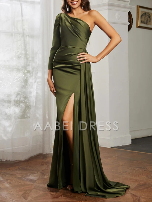AABEI DRESS Sheath One Shoulder Long Sleeves Satin Pleated Side Fork Sweep Train Exquisite Evening Dress