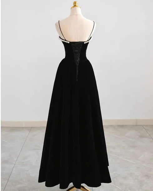 Charming A-line Spaghetti Strap Pearl Lace Up Long Prom Gown