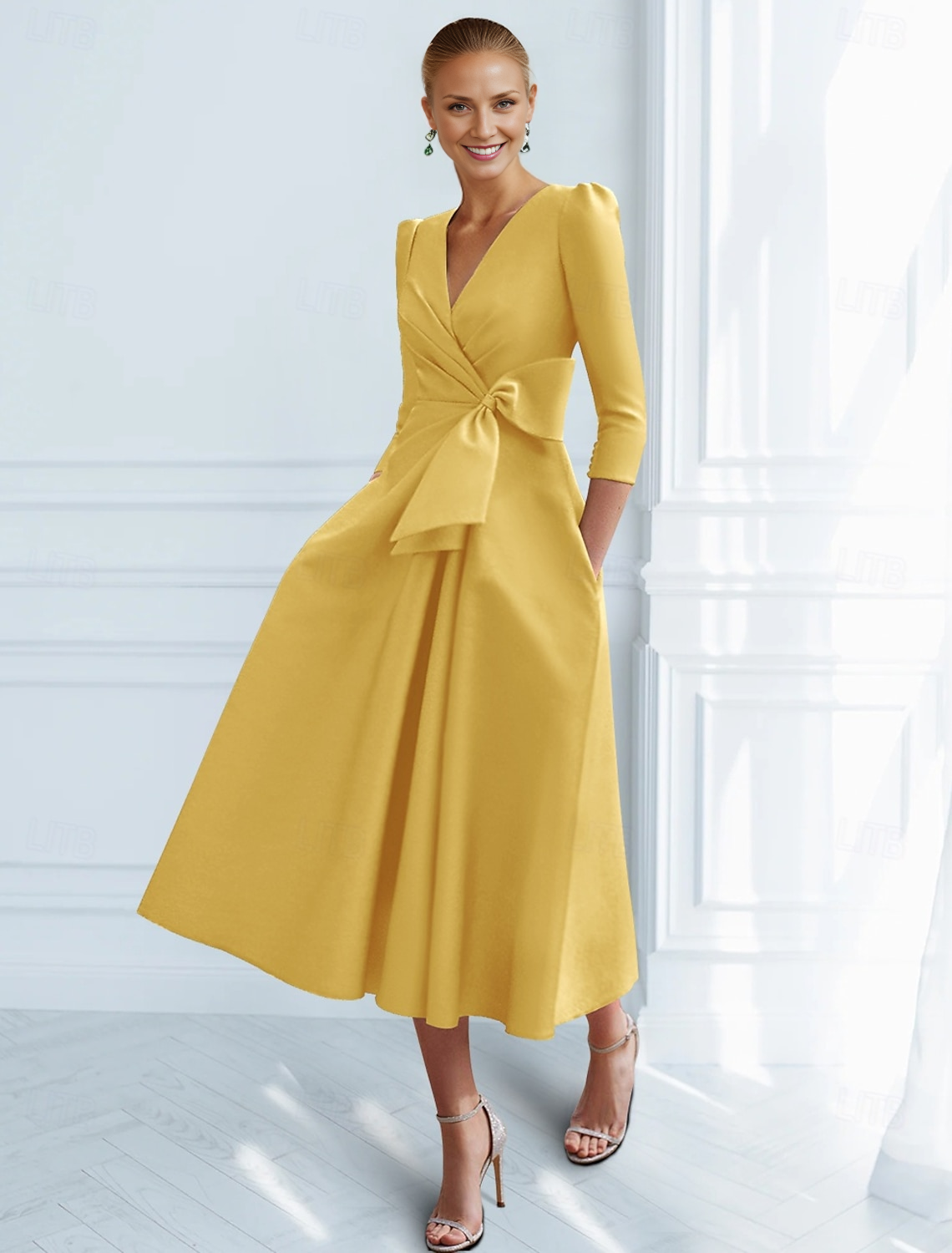 AABEI DRESS Wedding Guest Dress Elegant A-Line V Neck Ankle Length 3/4 Length Sleeve Fashion Mother of the Bride Dress