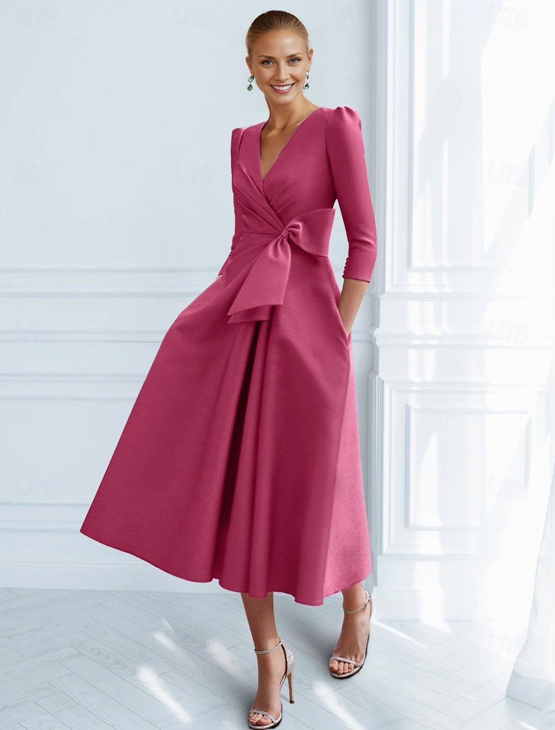 AABEI DRESS Wedding Guest Dress Elegant A-Line V Neck Ankle Length 3/4 Length Sleeve Fashion Mother of the Bride Dress