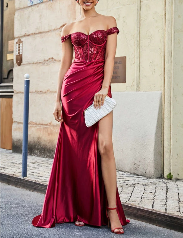 AABEI DRESS Mermaid Off-the-Shoulder Sleeveless Pleated Corset Bodice Side Fork Satin Sweep Train Elegant Fashion Evening Dress