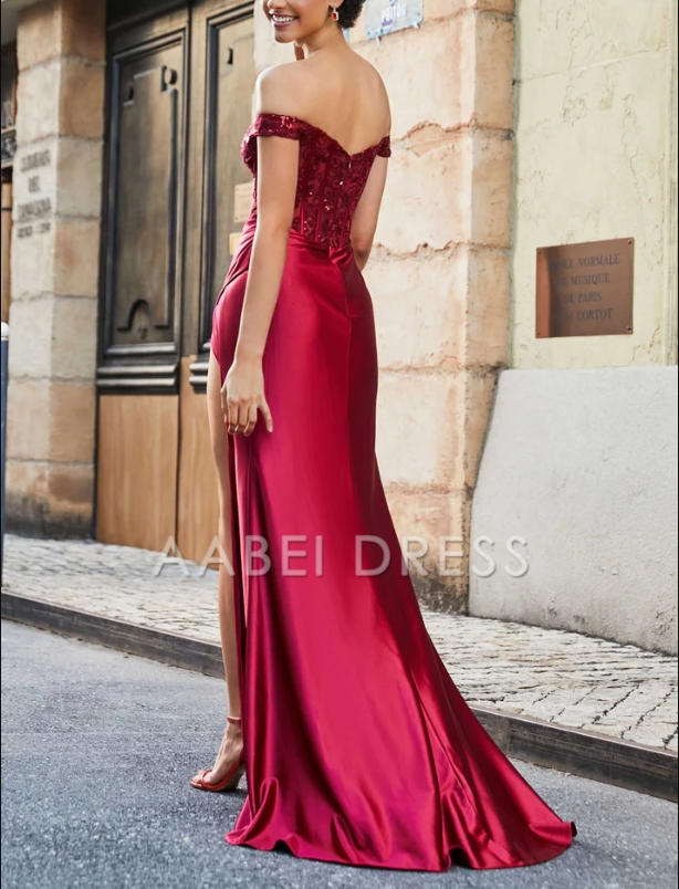 AABEI DRESS Mermaid Off-the-Shoulder Sleeveless Pleated Corset Bodice Side Fork Satin Sweep Train Elegant Fashion Evening Dress