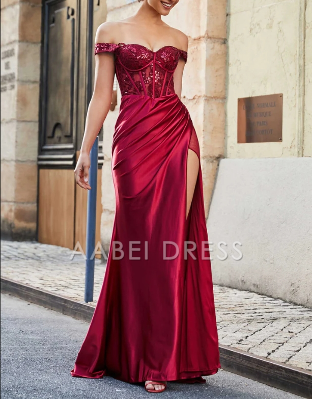 AABEI DRESS Mermaid Off-the-Shoulder Sleeveless Pleated Corset Bodice Side Fork Satin Sweep Train Elegant Fashion Evening Dress