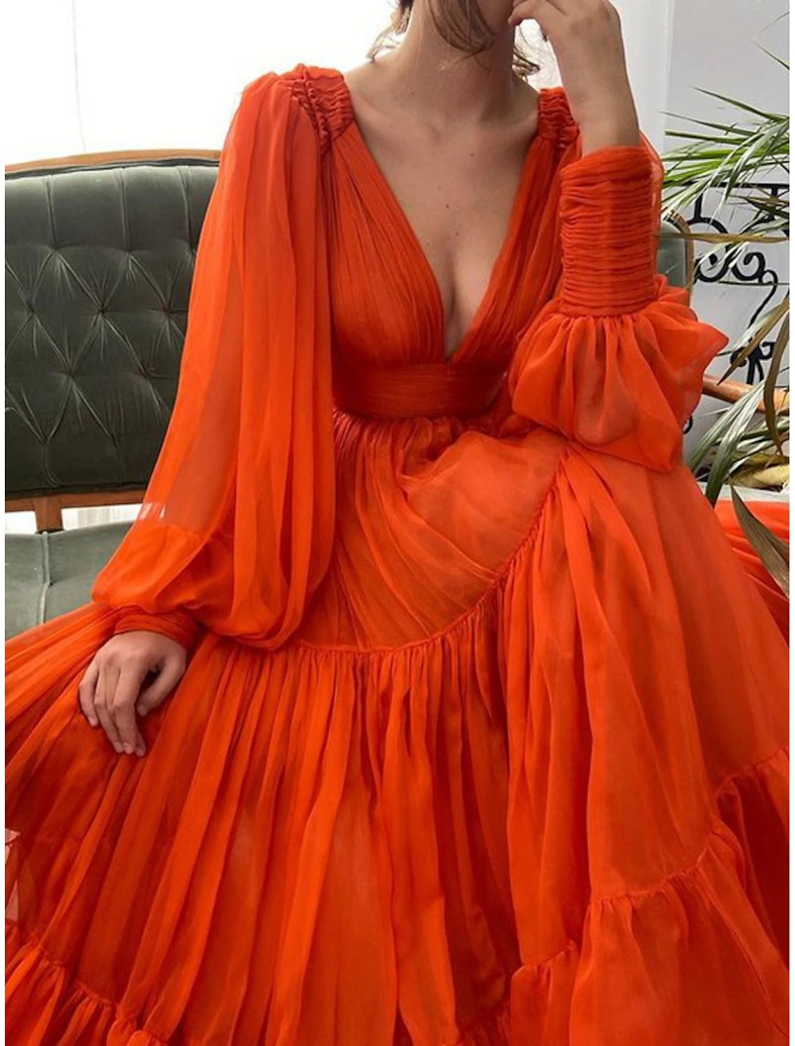 Wedding Guest Dress Formal Floor Length Long Sleeve V Neck Chiffon with Evening Dresses 