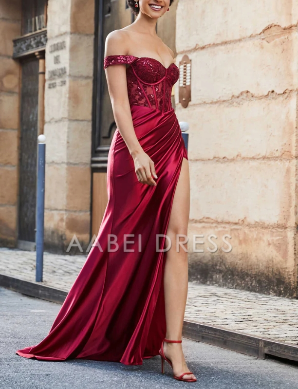 AABEI DRESS Mermaid Off-the-Shoulder Sleeveless Pleated Corset Bodice Side Fork Satin Sweep Train Elegant Fashion Evening Dress