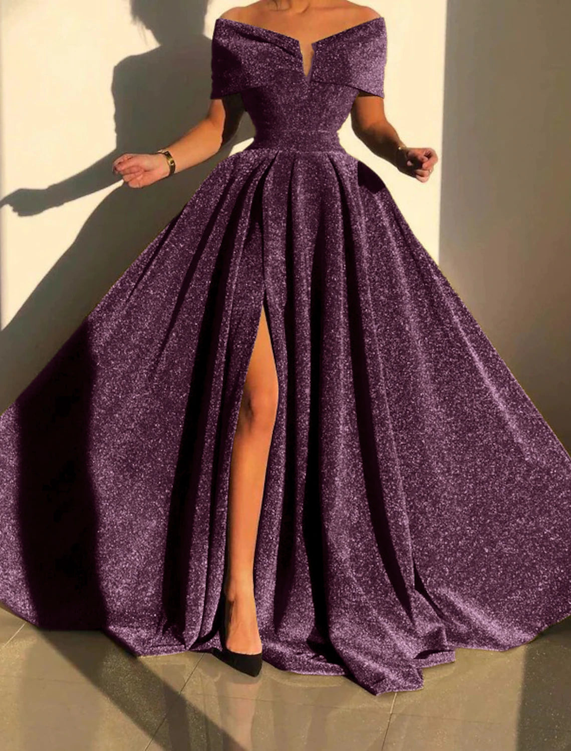 Formal Fall Court Train Sleeveless Off Shoulder Sequined with Sequin Slit Evening Dress