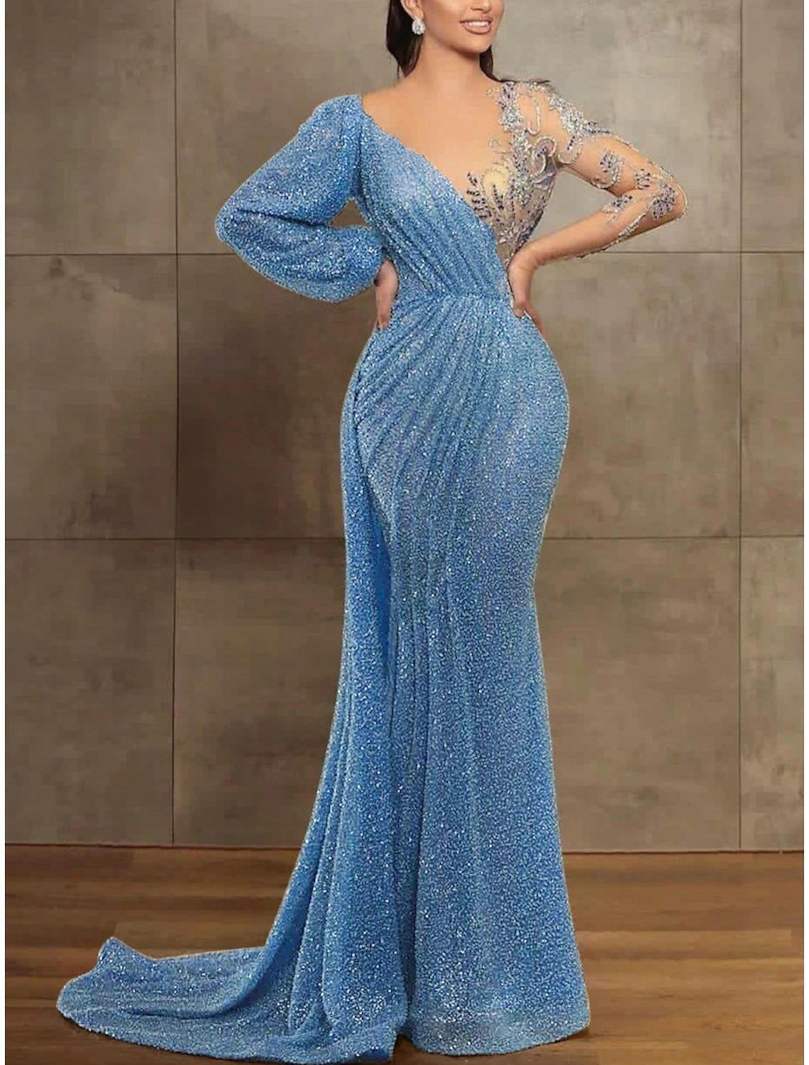 Sequin Mermaid Gown Elegant Formal Dress Court Train Long Sleeve Illusion Neck Sequined with Pleats Evening Dress