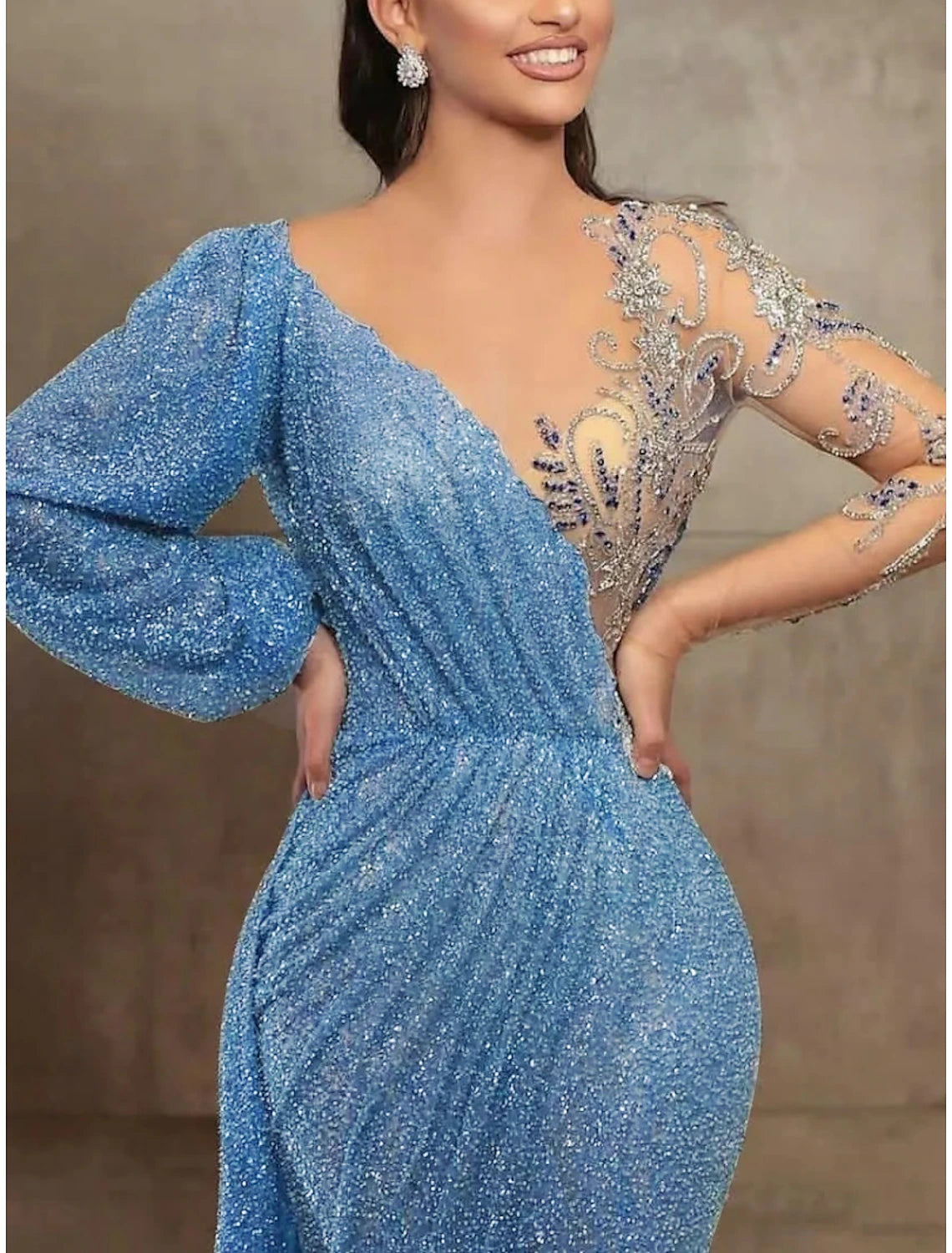 Sequin Mermaid Gown Elegant Formal Dress Court Train Long Sleeve Illusion Neck Sequined with Pleats Evening Dress