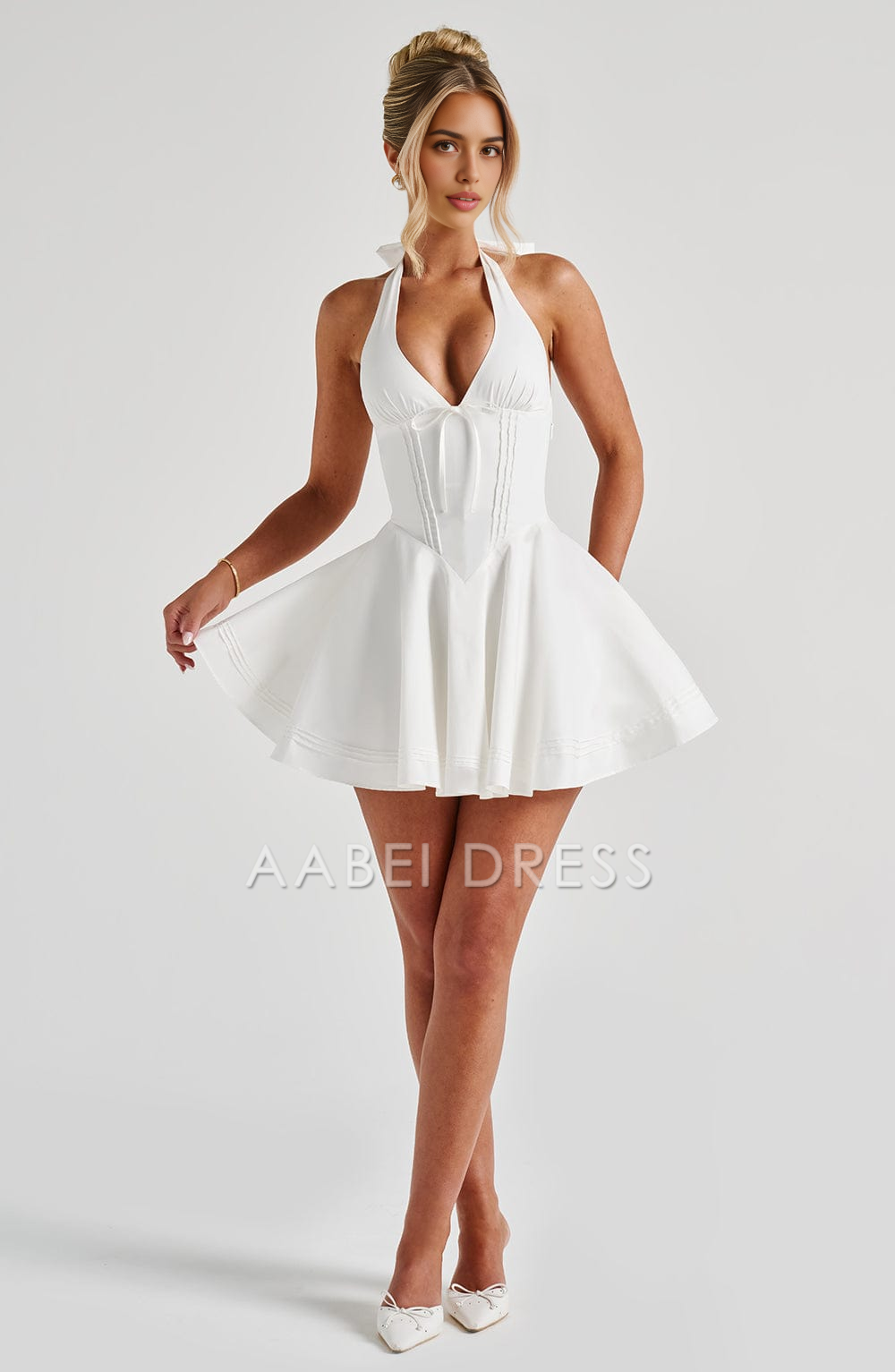 AABEI DRESS Hot Sale Homecoming Dress Cute A Line Halter straps Plunge neckline Backless Mini Dress Retro Short Prom Dresse