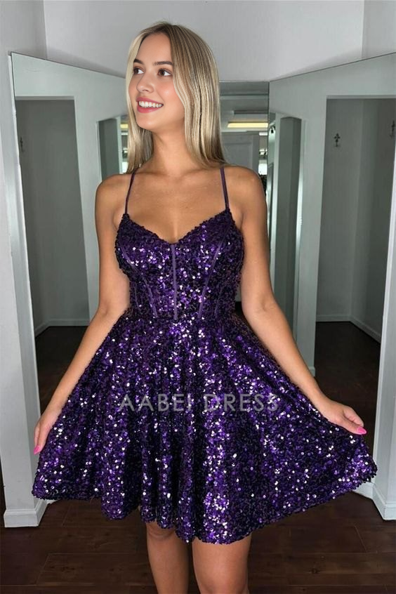 AABEI DRESS New Homecoming Dress Charming Sequin A-line V Neck Spaghetti Strap Backless Sparkle Short Prom Dresse