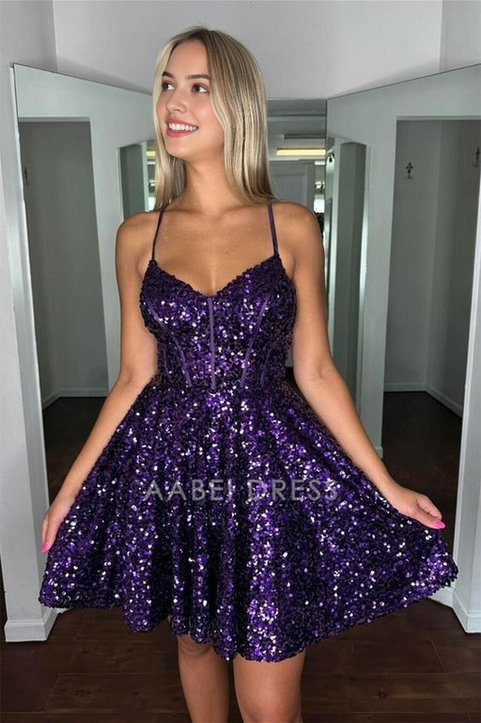 AABEI DRESS New Homecoming Dress Charming Sequin A-line V Neck Spaghetti Strap Backless Sparkle Short Prom Dresse