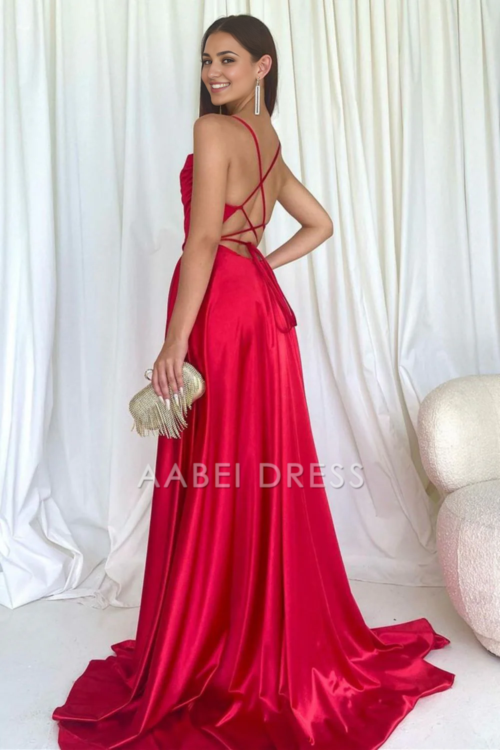 AABEI DRESS Hot Sale Prom Dress Simple A Line Spaghetti Straps Long Backless Criss Cross Elegant Formal Dress