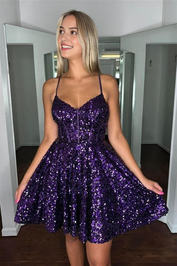 AABEI DRESS New Homecoming Dress Charming Sequin A-line V Neck Spaghetti Strap Backless Sparkle Short Prom Dresse