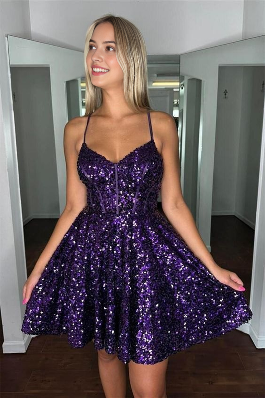 AABEI DRESS New Homecoming Dress Charming Sequin A-line V Neck Spaghetti Strap Backless Sparkle Short Prom Dresse
