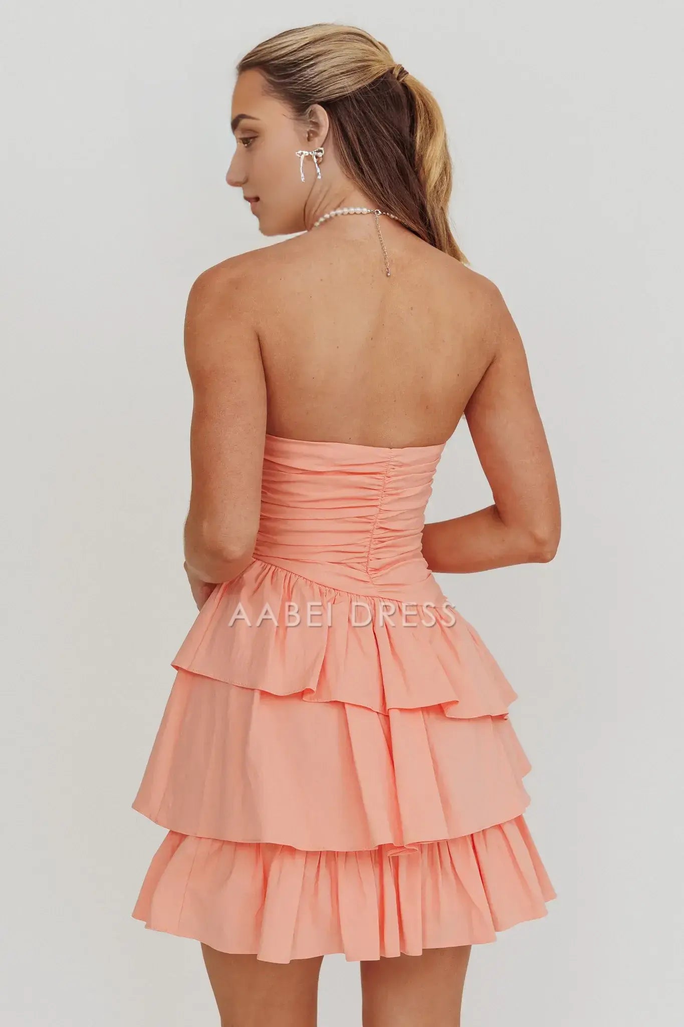 A Line Strapless Sleeveless Layered Ruched Backless Fashion Blush Mini Dress Hot Sale Homecoming Dress