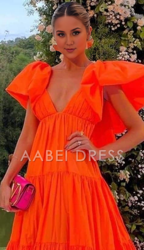 AABEI DRESS Prom Dress A-Line Deep V Neck Short Sleeves Pleated Long Exquisite Adoration Dress