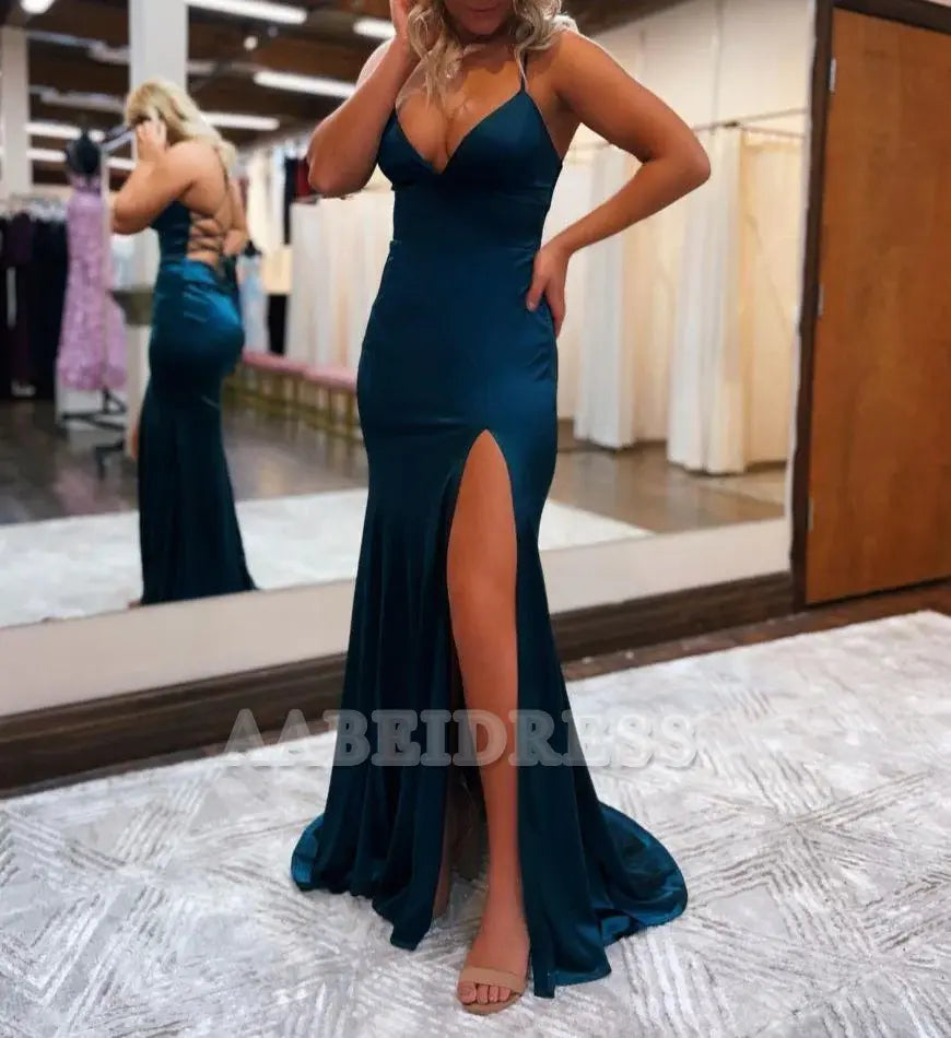 Evening Dress Deep V Neck Mermaid Spaghetti Straps Sweep Train Backless Side Fork Sexy Charming Formal Women's Dresses