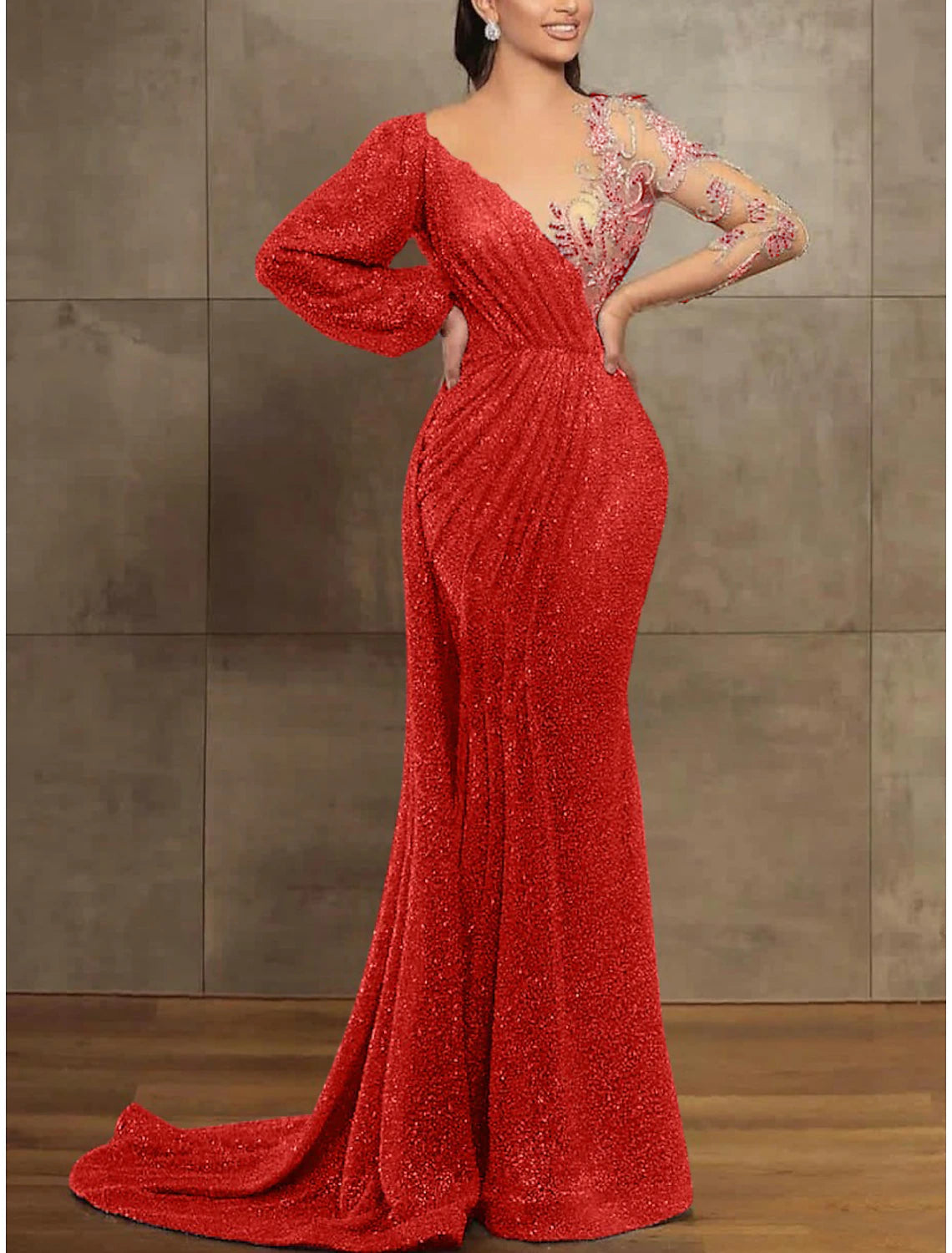 Sequin Mermaid Gown Elegant Formal Dress Court Train Long Sleeve Illusion Neck Sequined with Pleats Evening Dress