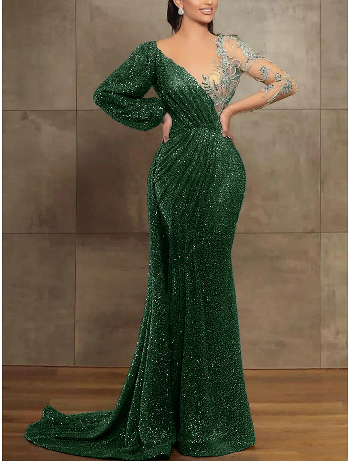 Sequin Mermaid Gown Elegant Formal Dress Court Train Long Sleeve Illusion Neck Sequined with Pleats Evening Dress