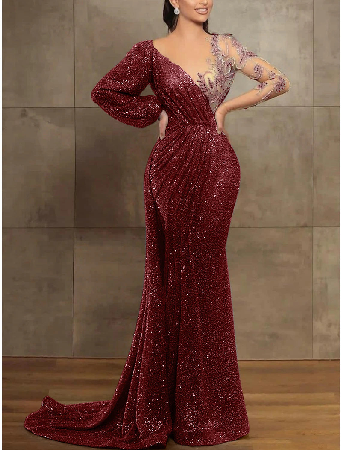 Sequin Mermaid Gown Elegant Formal Dress Court Train Long Sleeve Illusion Neck Sequined with Pleats Evening Dress