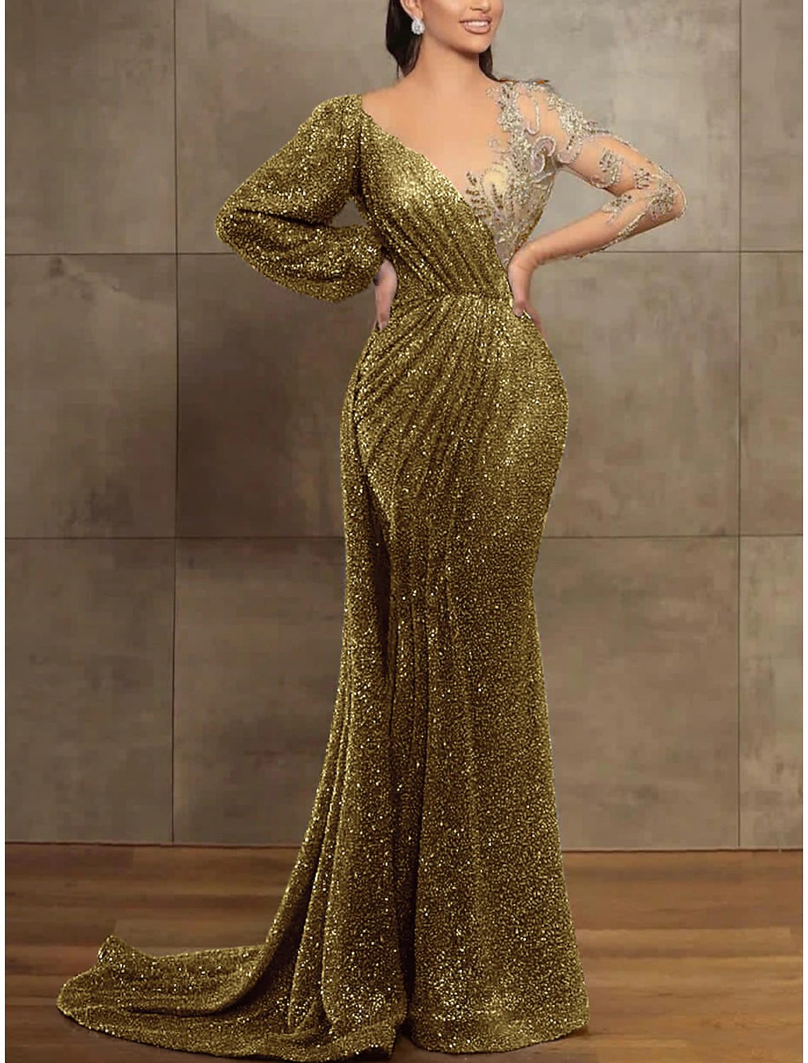 Sequin Mermaid Gown Elegant Formal Dress Court Train Long Sleeve Illusion Neck Sequined with Pleats Evening Dress