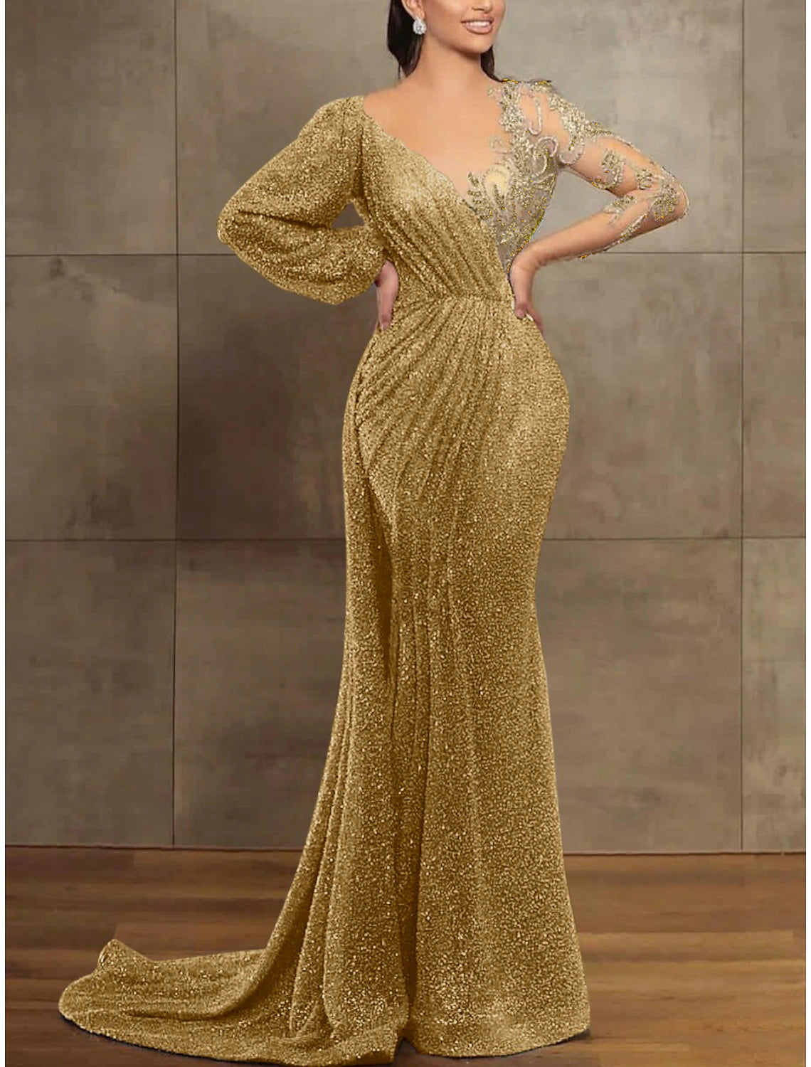 Sequin Mermaid Gown Elegant Formal Dress Court Train Long Sleeve Illusion Neck Sequined with Pleats Evening Dress
