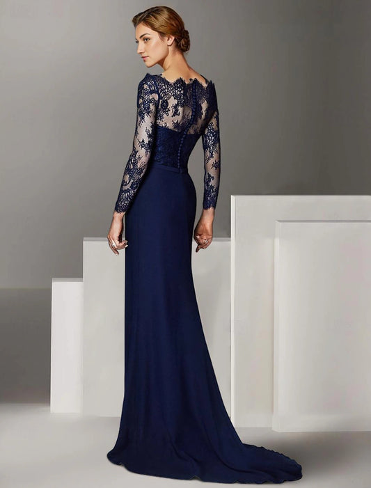 Formal Wedding Guest Elegant Off Shoulder Floor Length Lace Stretch Chiffon Long Sleeve with Lace Mother of the Bride Dress