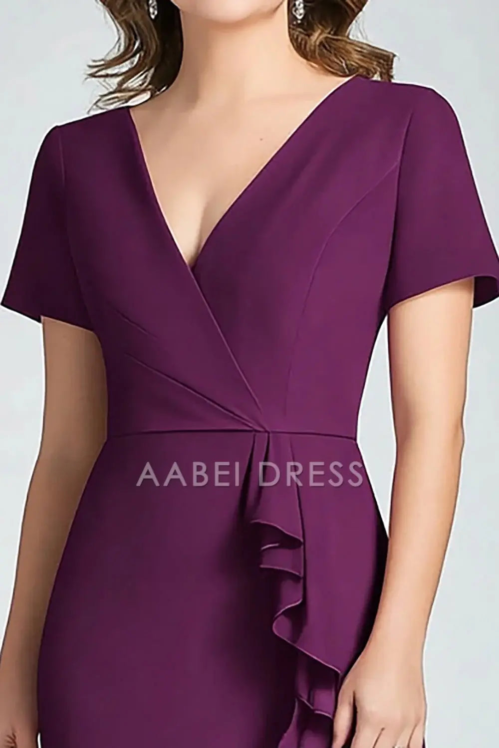 AABEI DRESS Mother Of The Bride Dress Mermaid V Neck Short Sleeves Ruffles Elegant Chiffon Long Formal Wear Dresse