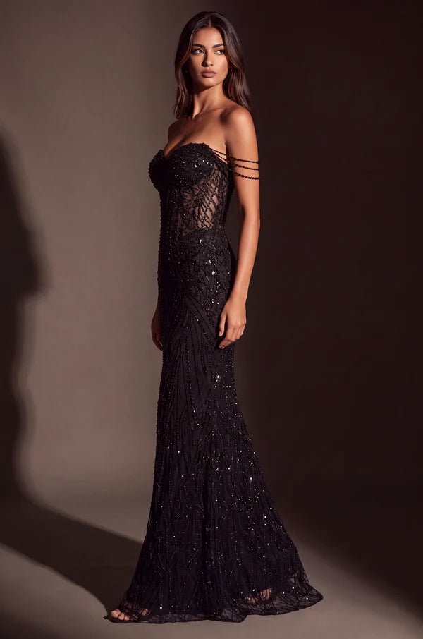 Black Off Shoulder Beaded Sheer Mermaid Corset Gown