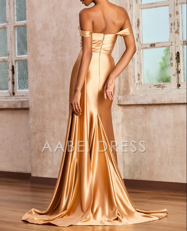 AABEI DRESS Mermaid Off Shoulder Cap Sleeves Pleated Side Fork Sweep Train Elegant Evening Dress