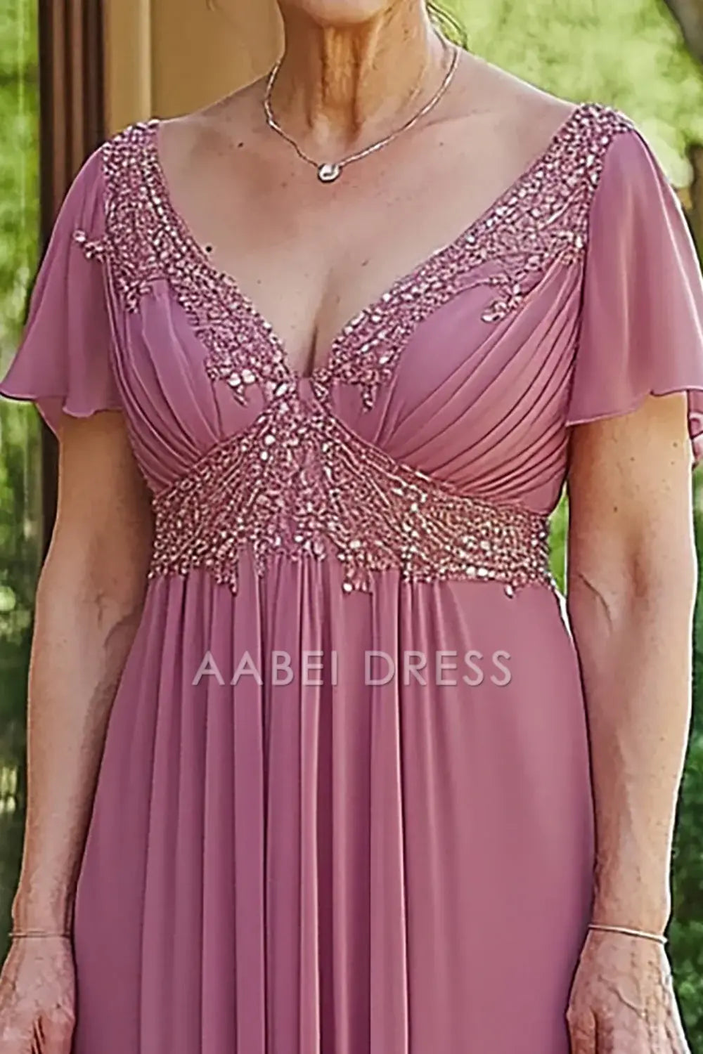 AABEI DRESS Mother Of The Bride Dress Sparkly A-Line V Neck Short Sleeve Sequined Chiffon Pleats Fashion Long Formal Wear Dresse