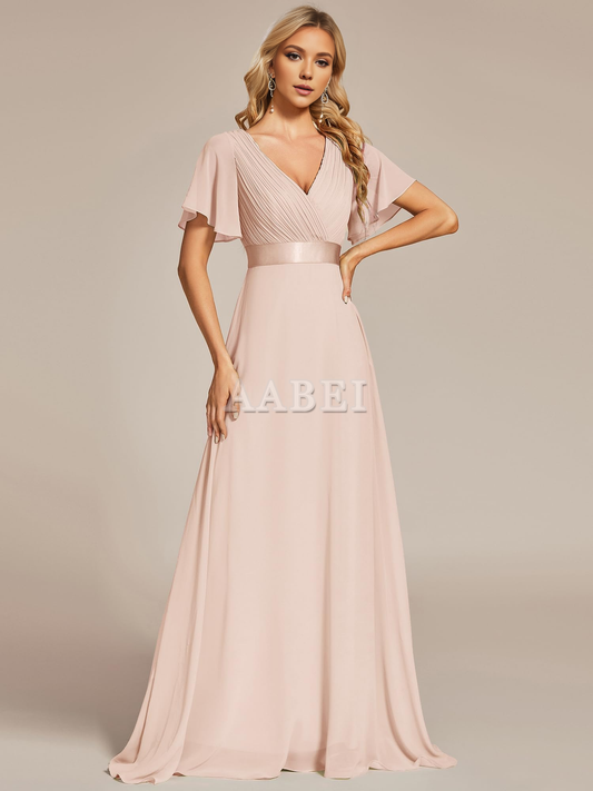 Formal Wear Dresses Bridesmaid Dresses Short Sleeve V-Neck Elegant Simple Floor Length High Quality Wedding Guest Dresses