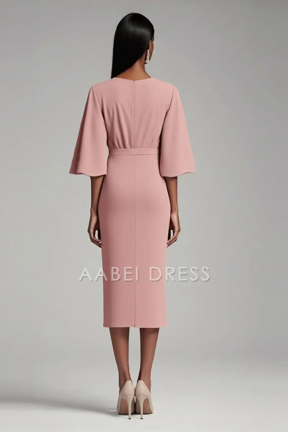 AABEI DRESS Mother Of The Bride Dress V Neck Bodycon Chiffon 1/2 Sleeves Tea-Length Elegant Formal Wear Dresse