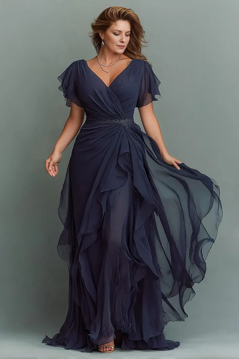 Fashion Navy Chiffon A Line V-Neck Flutter Short Sleeves V Back Pleated with Ruffles Plus Size Elegant Wedding Guest Dress For Women New Style Mother of the Bride Dress