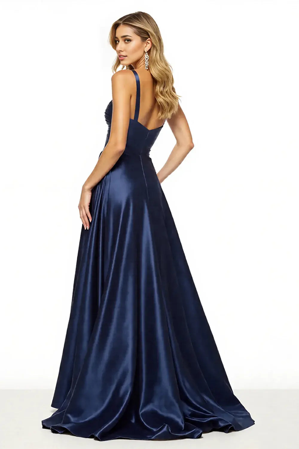 Navy Satin A Line Spaghetti Straps Sweetheart Neckline Sleeveless Backless Pleated with Slit Long Formal Dress Hot Sale Evening Dresses