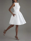 AABEI DRESS New Homecoming Dress A-Line Cocktail Dresses Minimalist Dress Wedding Guest Knee Length Sleeveless Boat Neck Satin V Back with Sleek Bow(s) Pure Color Simple Prom Dresse