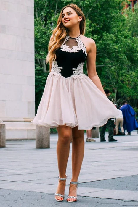 AABEI DRESS New Homecoming Dress A-Line Halter Chiffon Lace Applique Sweet Short Prom Dress
