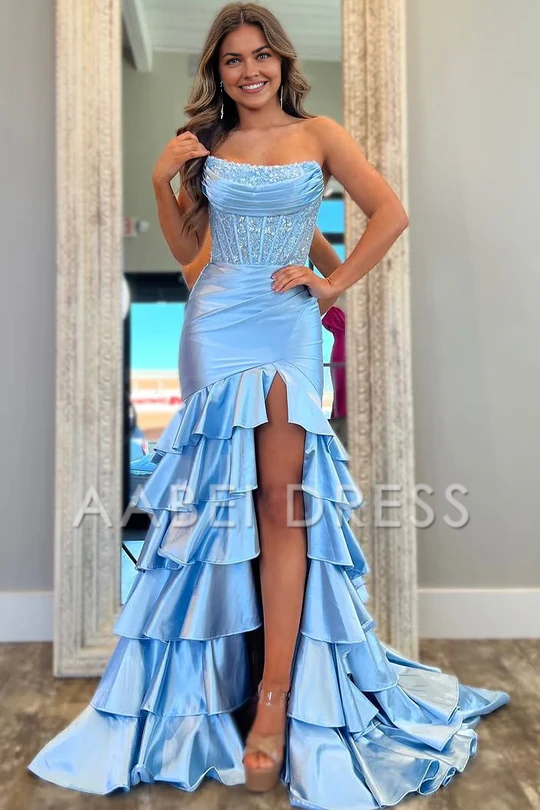 AABEI DRESS Prom Dress Strapless Scoop Layered Pleated Mermaid Side Fork Elegant Formal Dress