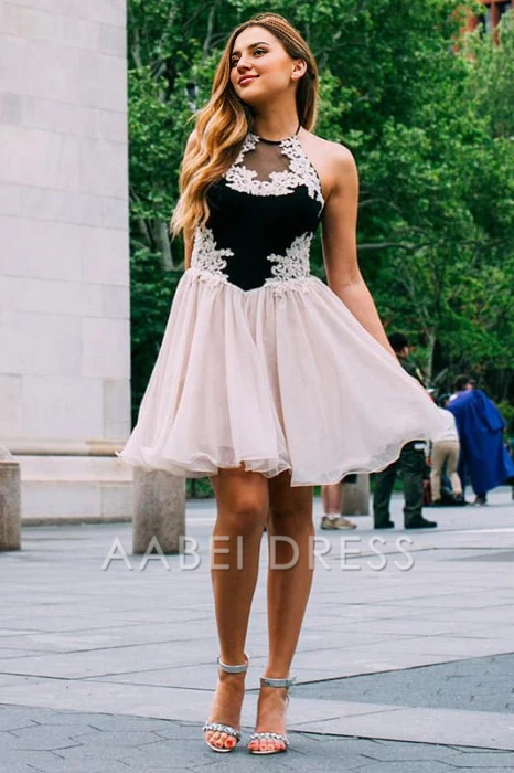AABEI DRESS New Homecoming Dress A-Line Halter Chiffon Lace Applique Sweet Short Prom Dress