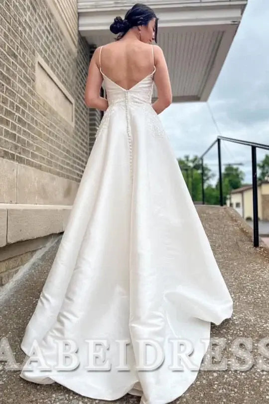 AABEI DRESS Elegant Charming Wedding Dress A-Line Deep V-Neck Spaghetti Strap Long Appliques Formal Dresses