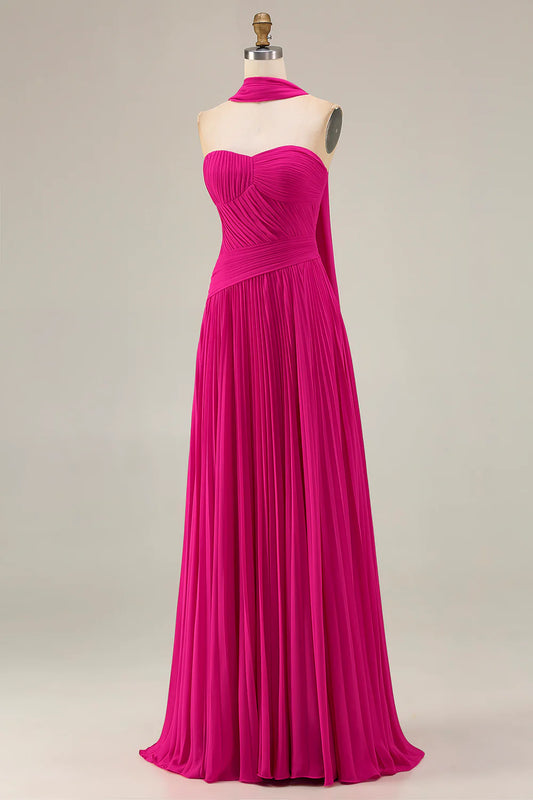Trendy Prom Dress Fuchsia A Line Strapless Pleated Sweetheart Neck With Scarf Sleeveless Backless Bargain Long Wedding Guest Dress