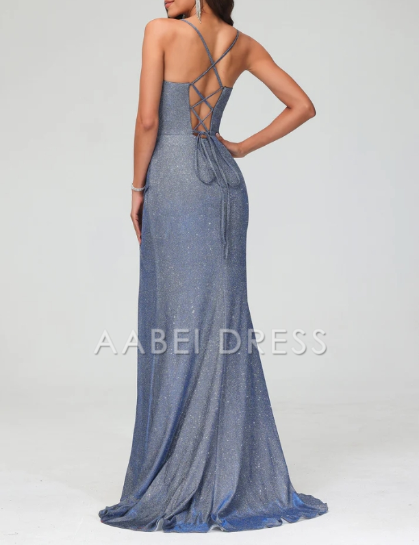AABEI DRESS Sheath Spaghetti Strap Sleeveless Pleated Sheath Glitter Sweep Train High Slit Backless High Quality Evening Dress