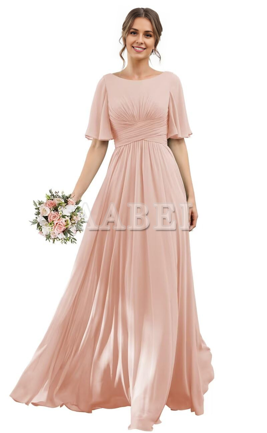 Formal Wear Dresses Bridesmaid Dresses A-Line Scoop Neck Elegant Flutter Sleeve Chiffon Pleated Long Wedding Guest Dresses