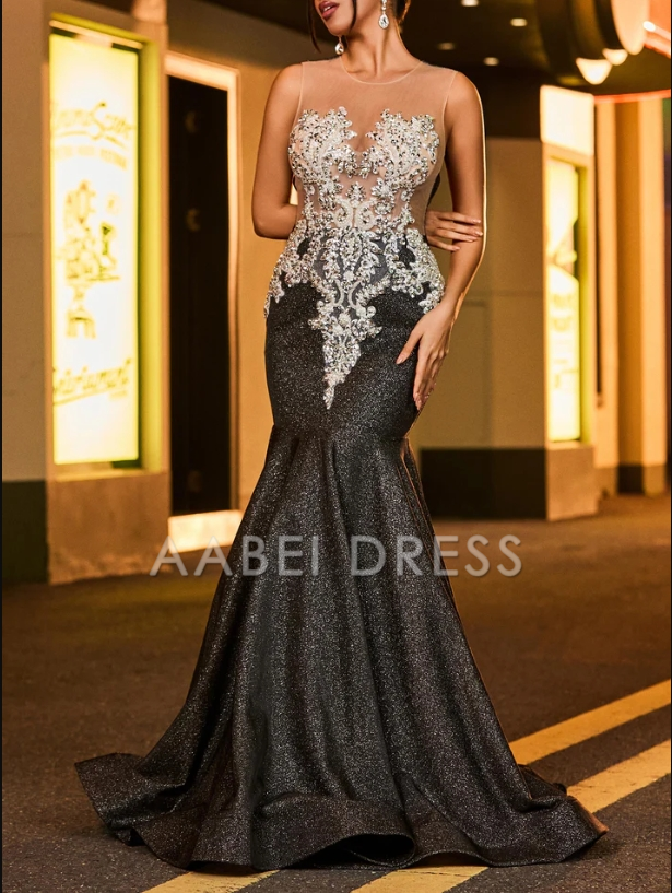 AABEI DRESS Mermaid Sleeveless Applique Backless Sweep Train High Quality Luxurious Evening Dress