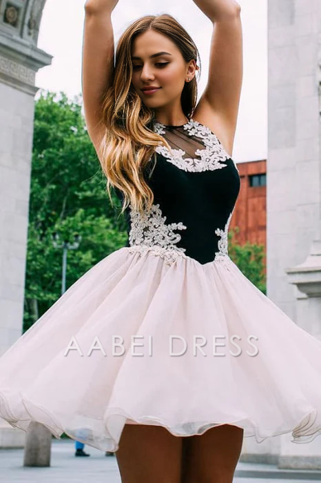 AABEI DRESS New Homecoming Dress A-Line Halter Chiffon Lace Applique Sweet Short Prom Dress