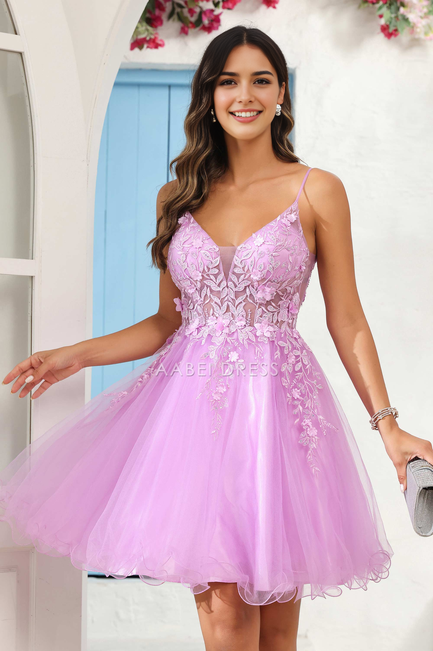 AABEI DRESS Short Dress Exquisite A Line V Neck See-Through Applique Tulle Backless New Homecoming Dress